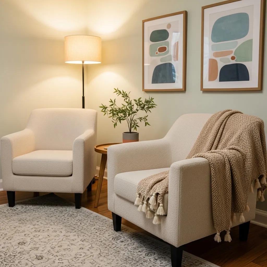 Comfortable therapy room with two armchairs, a floor lamp, and decorative artwork, representing individual therapy for mental health support at Harbor Point Behavioral Health in Providence, RI.