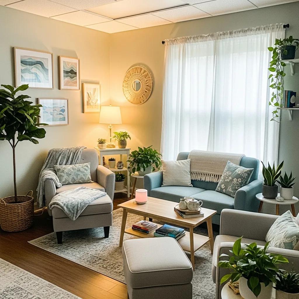 Therapy room designed for anxiety treatment featuring calming decor, comfortable seating, plants, and natural light.