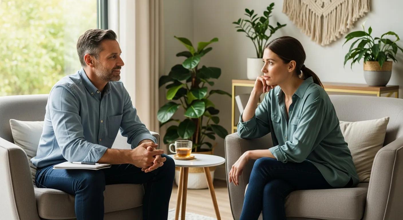 Therapist and client engaged in conversation during EMDR therapy session in a cozy, plant-filled setting.
