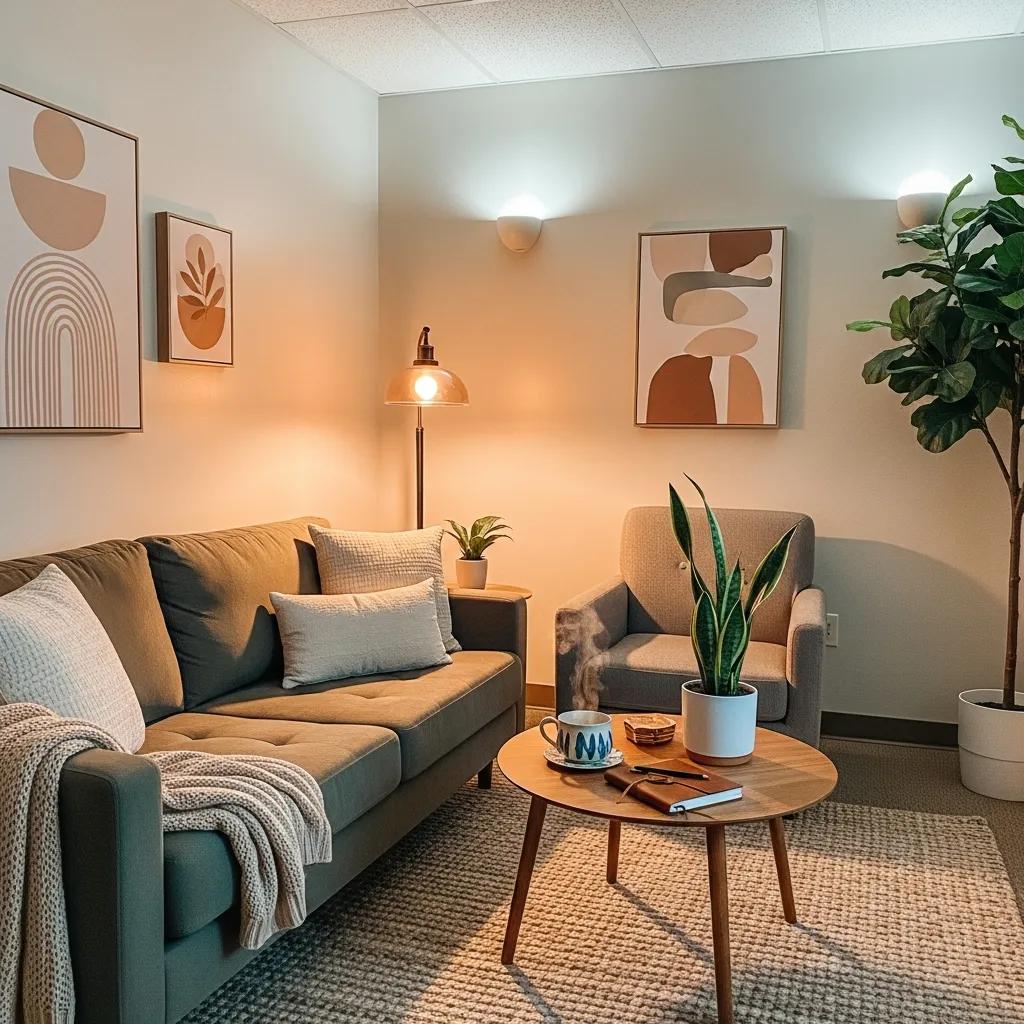 Therapy room designed for burnout recovery, featuring comfortable seating and calming decor