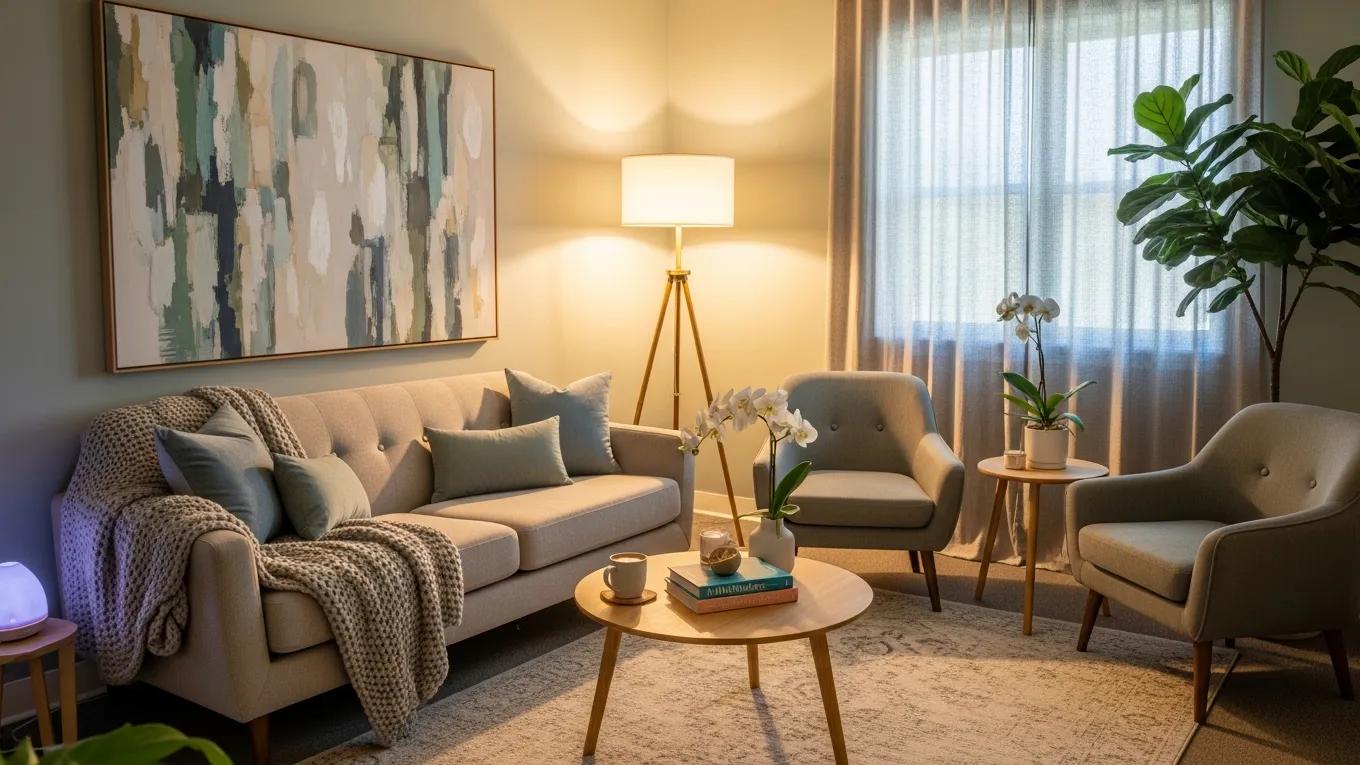 Comfortable therapy room with calming decor and seating for mental health support at Harbor Point Behavioral Health.