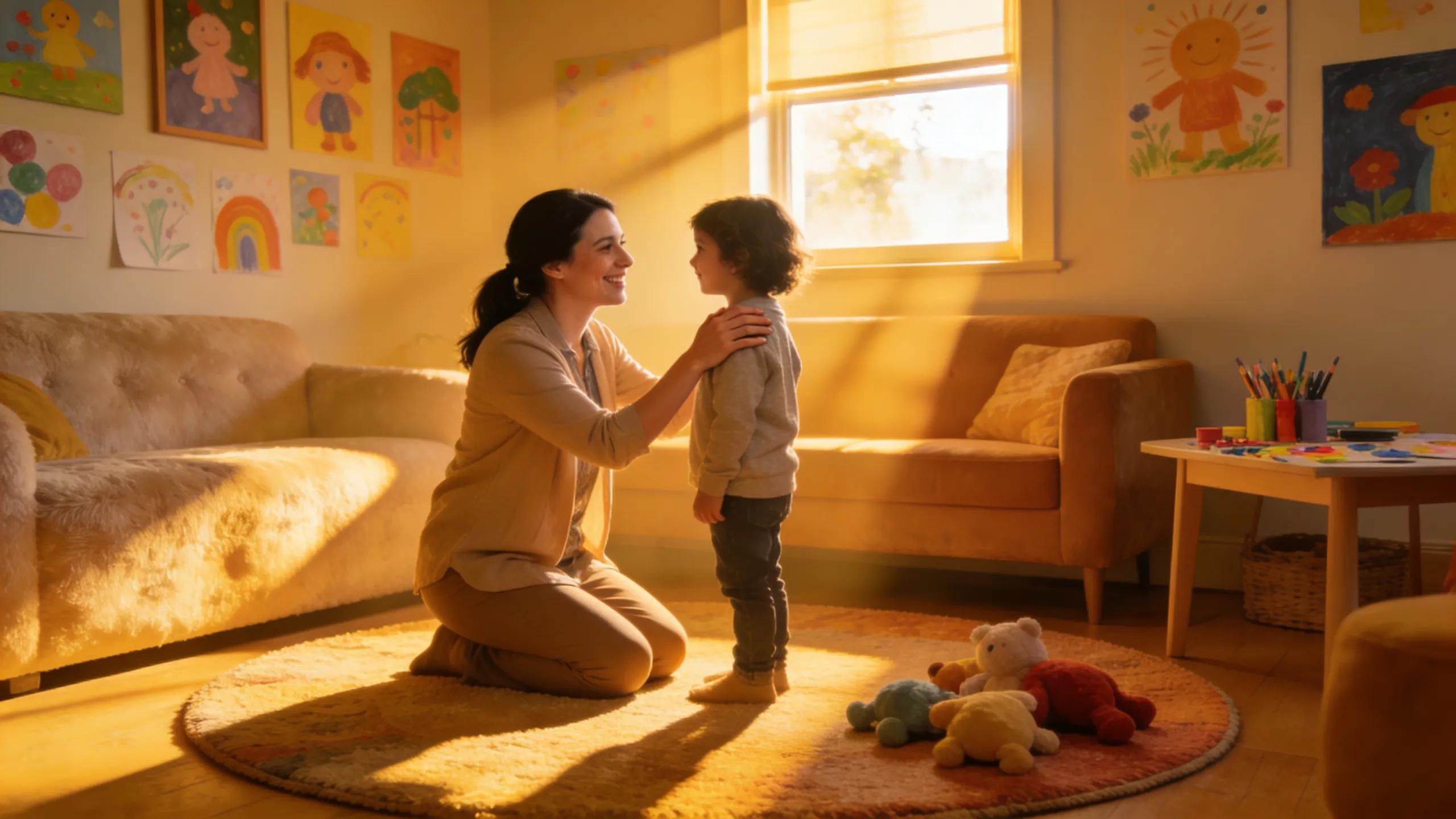 Child engaged in therapy session with compassionate clinician in a warm environment