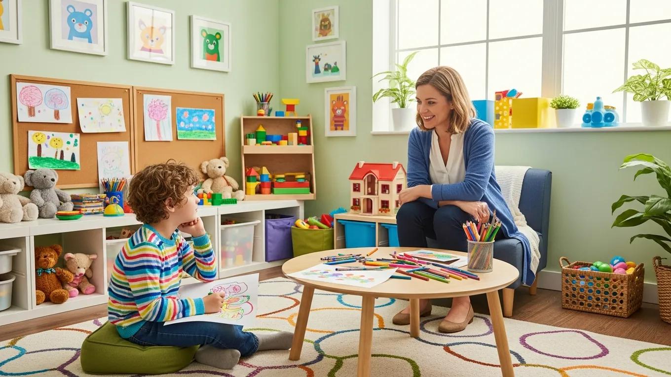 Child in a counseling session with a therapist in a colorful and supportive environment