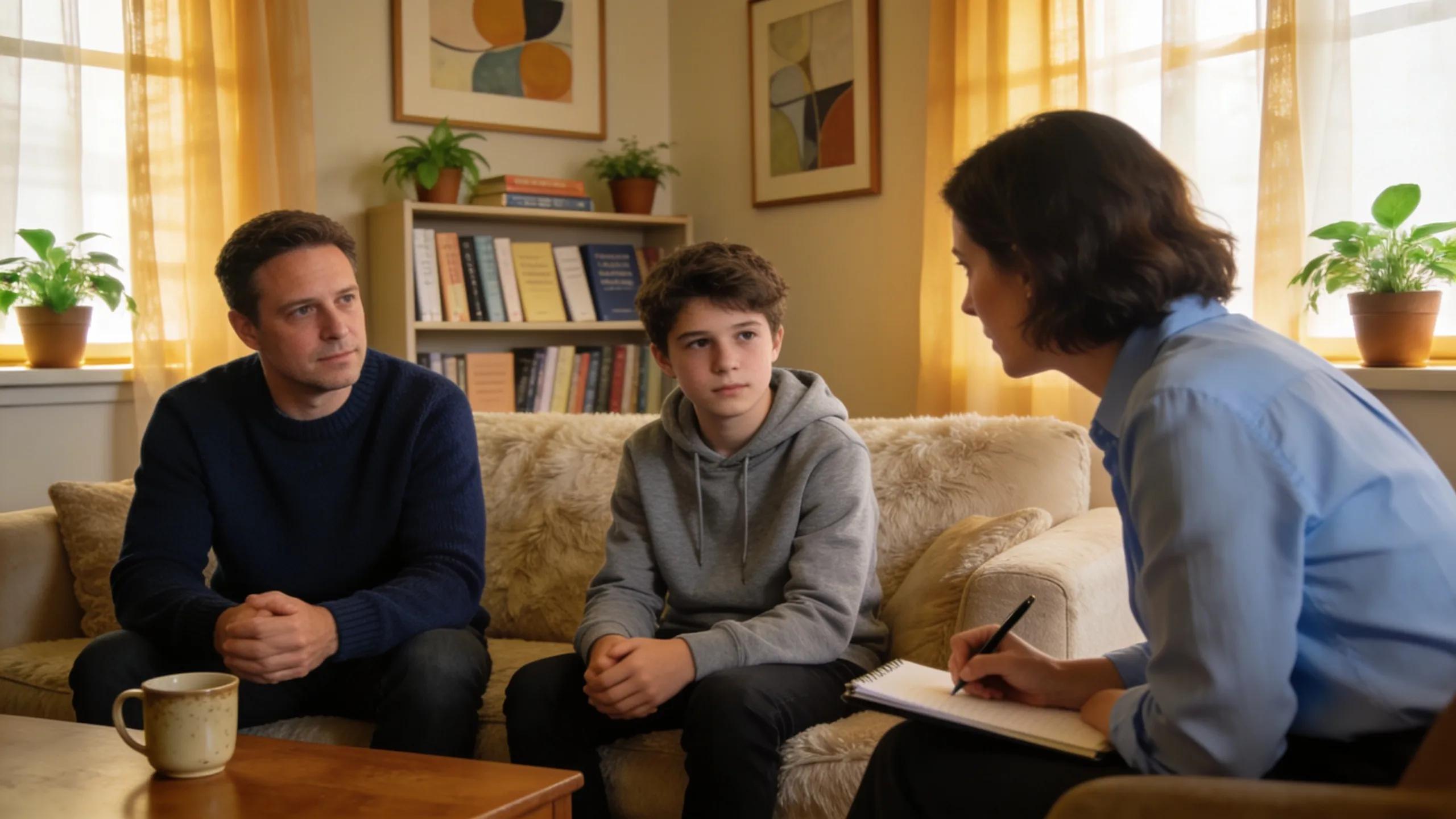 Counseling session between a parent, teen, and counselor in a warm, therapeutic setting